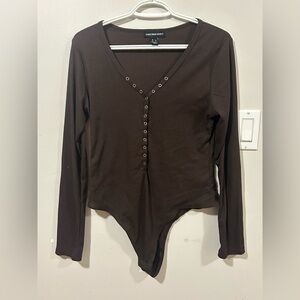 Streetwear Society Long Sleeve Snap-Front Bodysuit - Dark Brown
